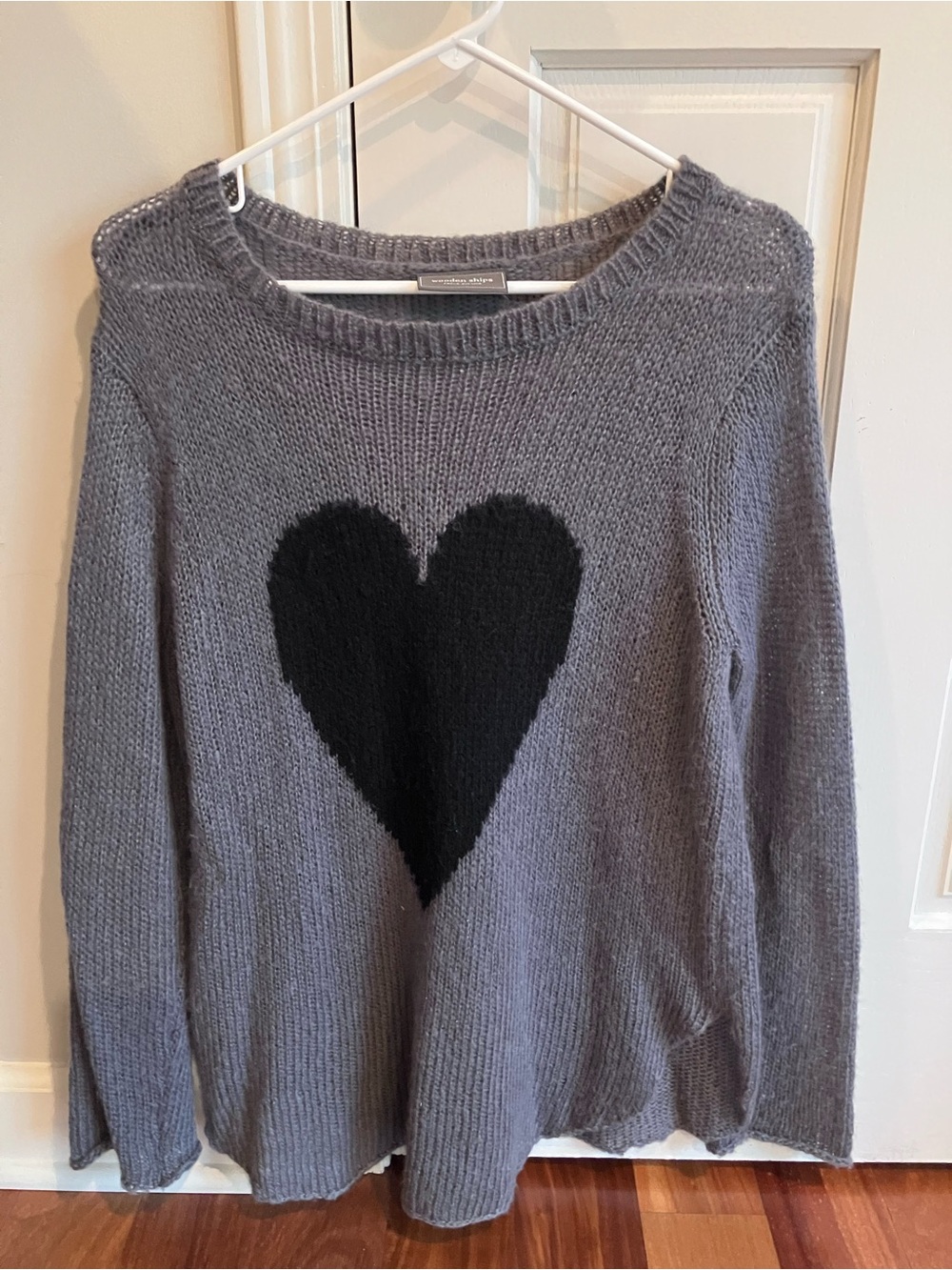 Wooden Ships Gray Crewneck Sweater with Black Heart